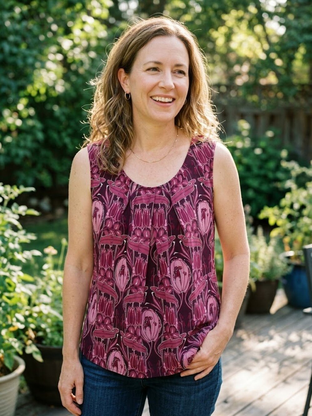 Talbots Silk-Blend Floral Pleated-Neckline Sleeveless Blouse in Plum